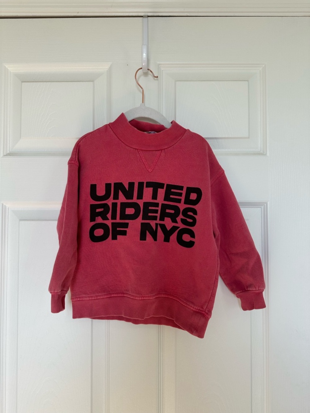 Zara Rose Pullover Sweatshirt with Black 'UNITED RIDERS OF NYC' Text